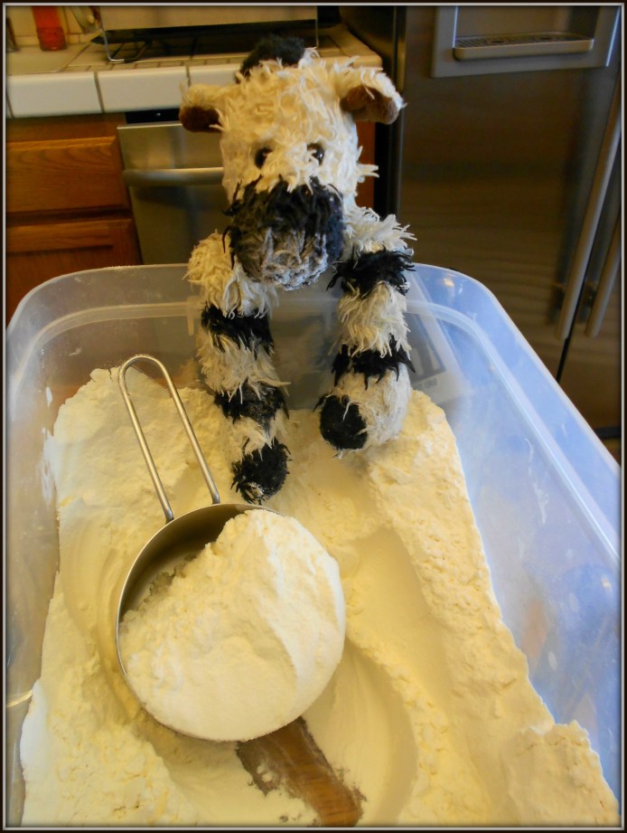 Before you mix flour with water and butter, you have to get it out of the bin (a bit challenging with hooves)!