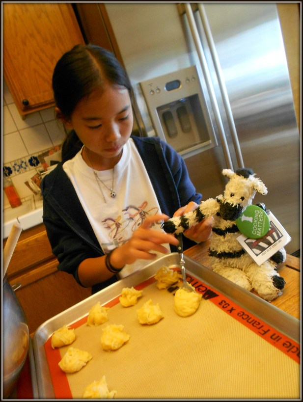 Plopping dough is definitely easier than piping it, but I still needed help from my buddy Julianne!